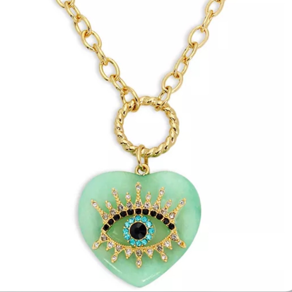 Kurt Geiger Gold Necklace with Green Quartz Heart Eye Pendant NWTS